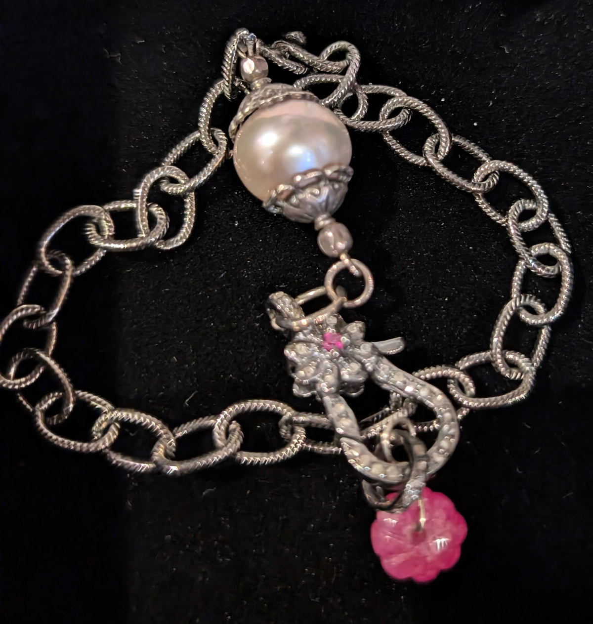 Diamond, Ruby, and Mauve Pearl Sterling Silver Bracelet